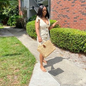 Cream Button-Down Dress with Bow Straps